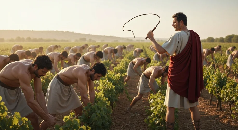 An ancient Roman overseer with a whip stands over enslaved laborers toiling in a vineyard under a ho