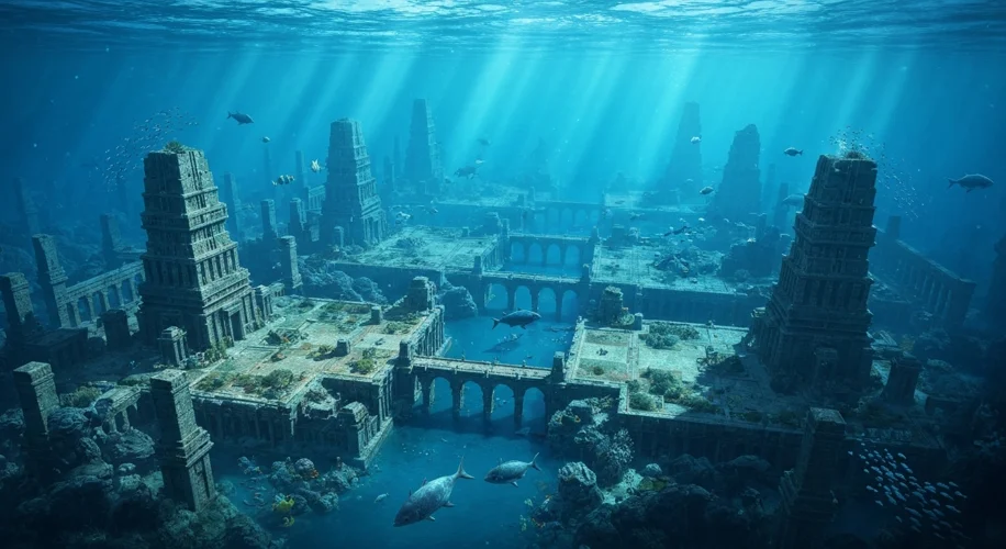An aerial view of a vast, ancient city submerged deep underwater, with towering stone structures, pl