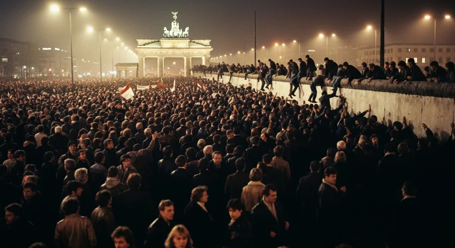 A crowded street in East Berlin on November 9, 1989, with jubilant citizens streaming towards the Br