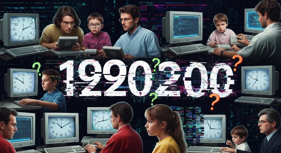 A montage of worried people looking at computers and clocks, with futuristic digital glitch effects 