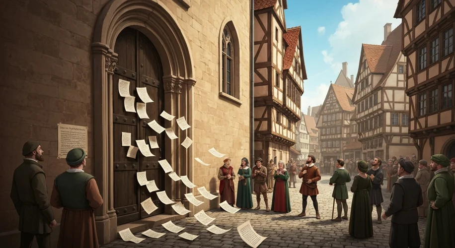 A stylized depiction of Martin Luther posting his Ninety-Five Theses on a church door, with copies o