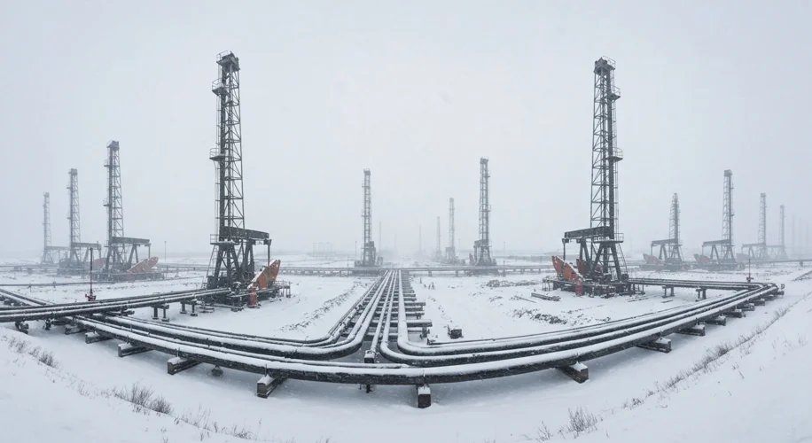 A vast Soviet oil field in Western Siberia during winter, with numerous derricks, pipelines, and a d