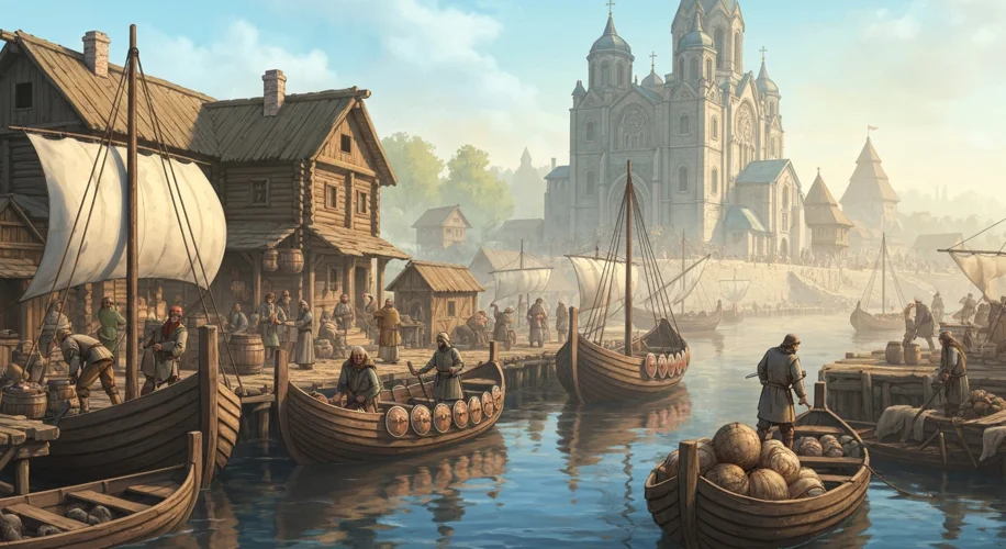 A bustling medieval river port on the Dnieper River, with longships docked and merchants trading fur