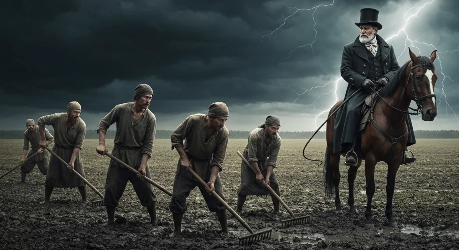 A dramatic depiction of Russian serfs working in a vast field under a stormy sky, with a stern-faced
