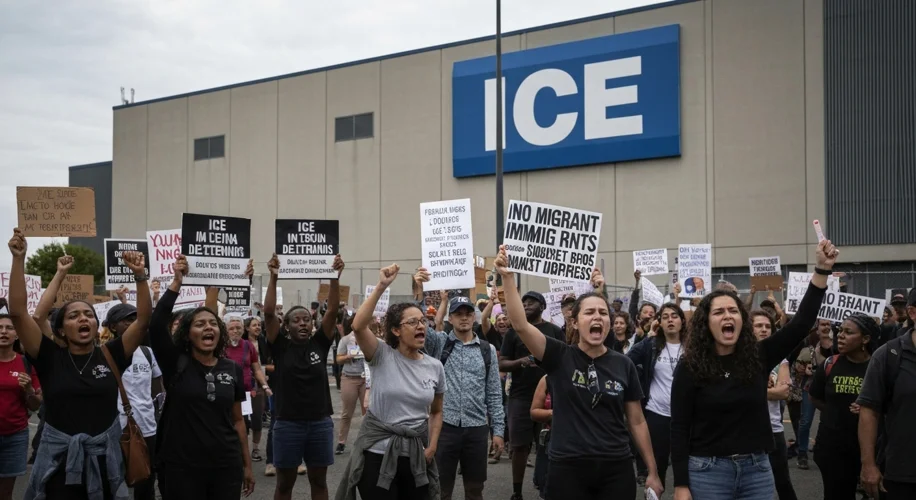 A diverse group of people holding protest signs outside an ICE detention facility, conveying a messa