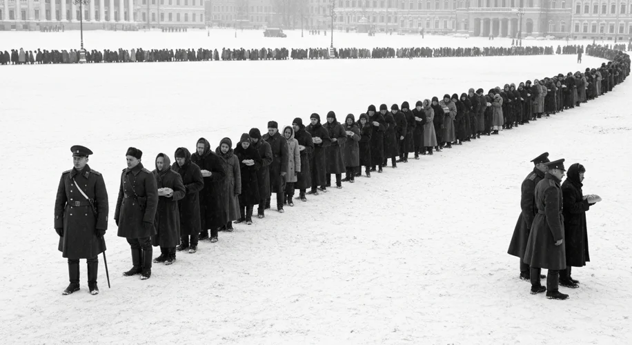A stark, black and white image depicting long lines of gaunt, shivering Russian civilians queuing fo