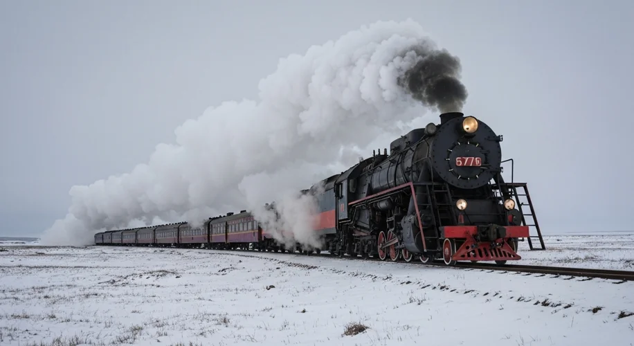 A vintage photograph of a Russian steam train struggling through a snow-covered landscape, steam bil