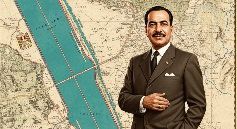 Gamal Abdel Nasser, the charismatic president of Egypt, standing proudly in front of a map of the Su