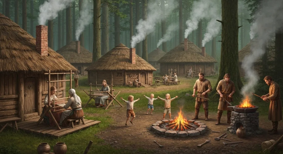 A Germanic village scene with roundhouses, smoke rising from chimneys, women weaving, men working wi