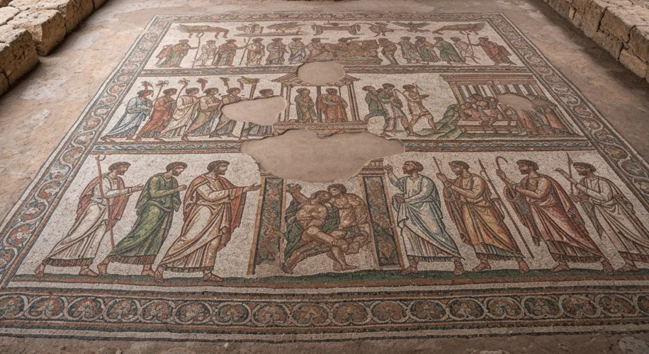 An ancient Roman mosaic found in Thrace, depicting a scene of daily life or mythology, showcasing th