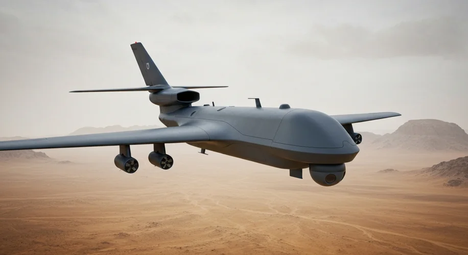 A modern, sleek military drone, resembling an uncrewed aircraft with a distinctive shape, flying ove