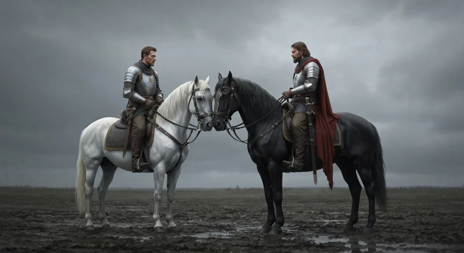 Two medieval generals, one on a white horse and the other on a black horse, meet in the no-man's-lan