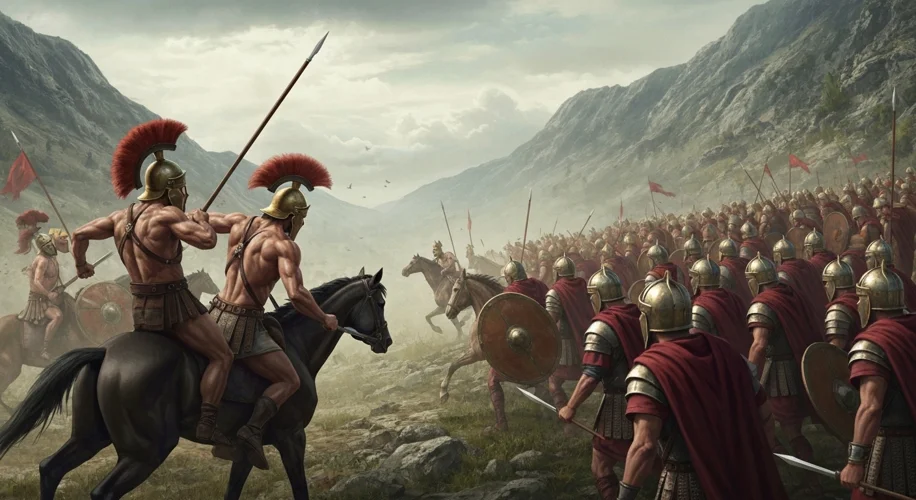 A dramatic depiction of Thracian warriors, clad in distinctive armor and helmets, charging into batt