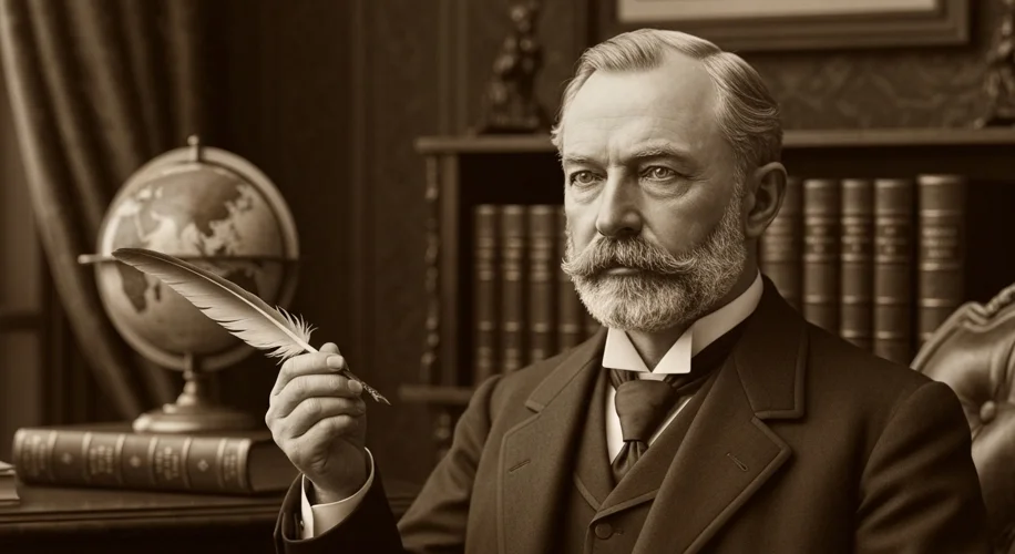 A sepia-toned photograph of Alfred Nobel, looking thoughtful, with a quill pen in hand, a hint of th