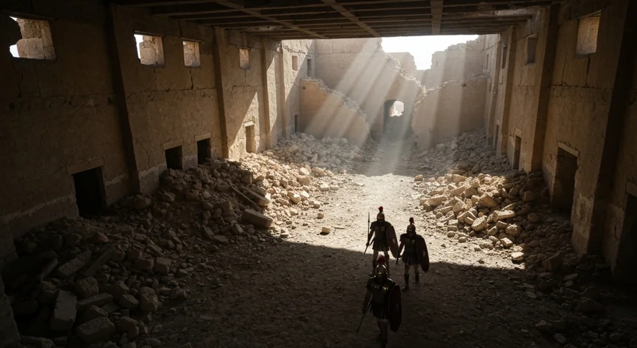 Interior view of a ruined ancient fortress on a mesa, with shadows suggesting a somber and empty atm
