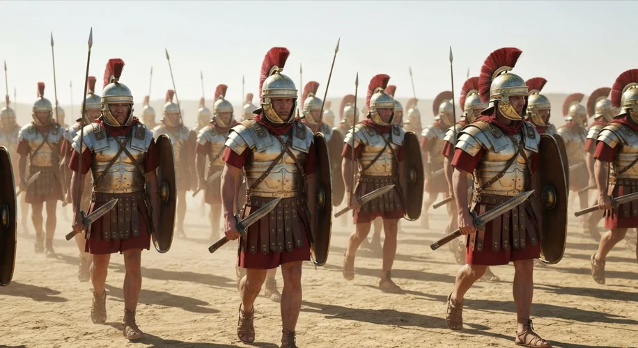 A Roman legionary in formation, shields raised, marching across a dusty plain under a midday sun.