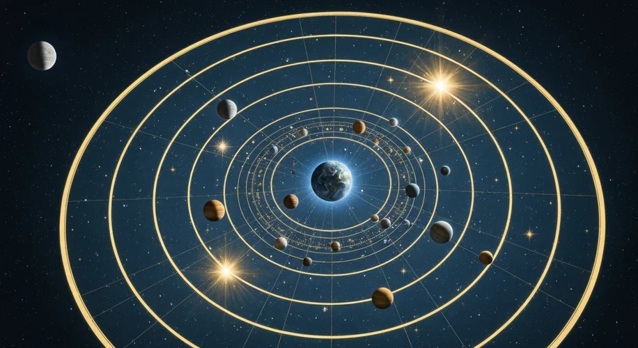 An illustration of the geocentric model of the universe, with Earth at the center and celestial sphe