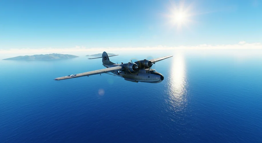 A vintage PBY-1 airplane flying over a vast, blue Pacific Ocean, with the Hawaiian Islands visible i