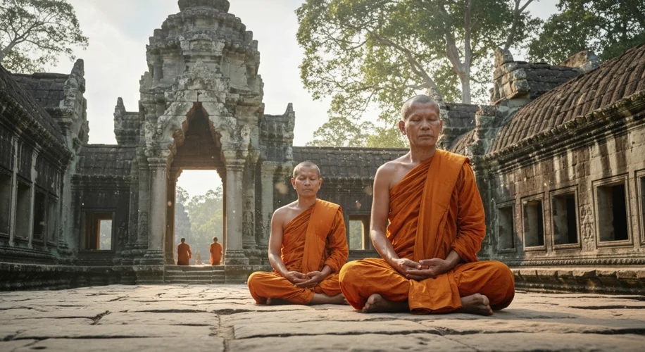 A serene Buddhist monk meditating in one of the courtyards of Angkor Wat, with ancient stone structu