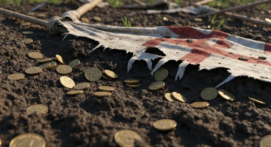 A fragmented but evocative image showing scattered coins and a torn parliamentary banner amidst the 
