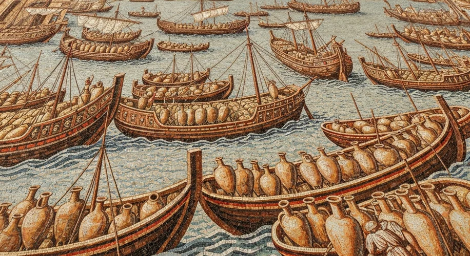 Ancient Roman mosaic depicting a busy harbor scene with numerous ships loading and unloading amphora