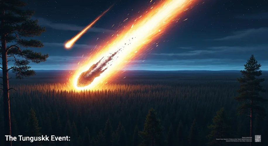 A stylized depiction of a bright meteor or comet fragment entering Earth's atmosphere over a dark, f