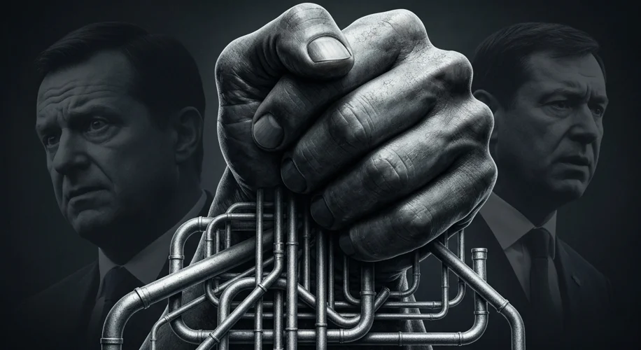 A visual metaphor of a large, strong hand (representing Russia) squeezing a network of pipes (repres
