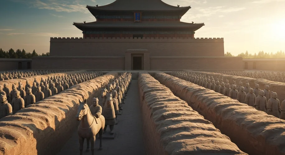 A depiction of the Terracotta Army in front of Qin Shi Huang's mausoleum, symbolizing the emperor's 
