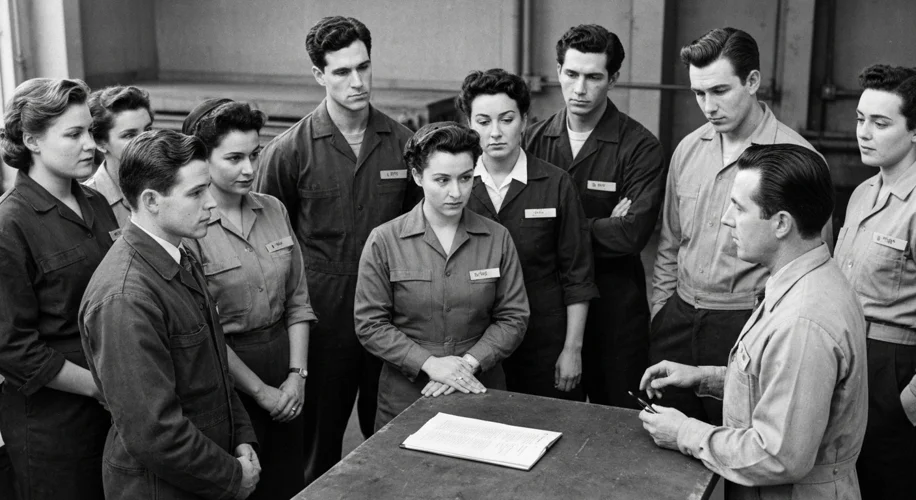 A black and white photo from the 1950s showing a diverse group of American factory workers in unifor