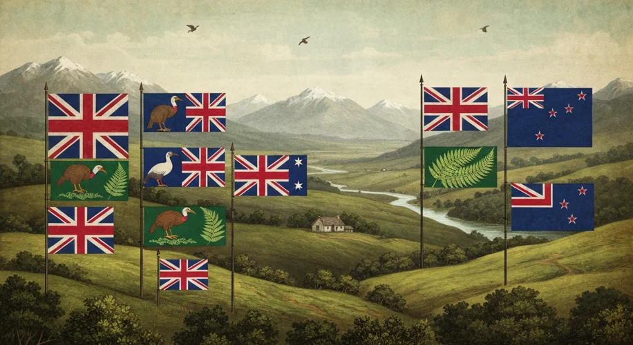A vintage illustration of early proposed flags for New Zealand, showcasing diverse designs including