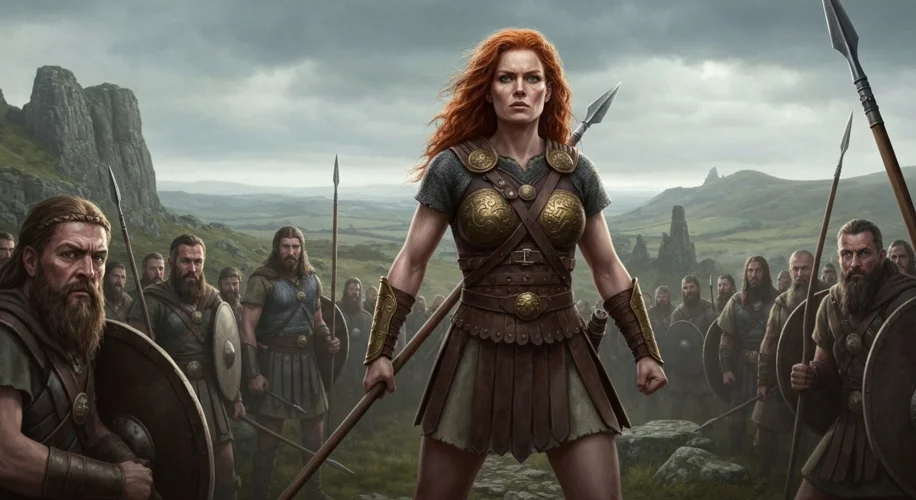 A fierce Celtic warrior queen, Boudica, with fiery red hair and determined eyes, stands defiantly be