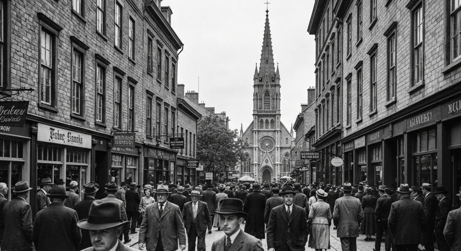 A black and white photograph depicting a crowded Quebec street scene in the 1950s, with many people 