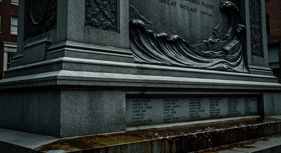 A somber monument in Boston's North End commemorating the Great Molasses Flood, with the names of vi