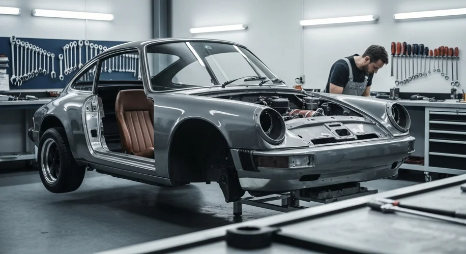 A vintage Porsche 911, perhaps a 1970s model, being meticulously worked on in a brightly lit, clean 