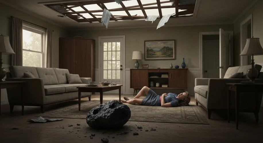 A mid-century living room in Sylacauga, Alabama, with a damaged roof and a bruised woman, Ann Hodges