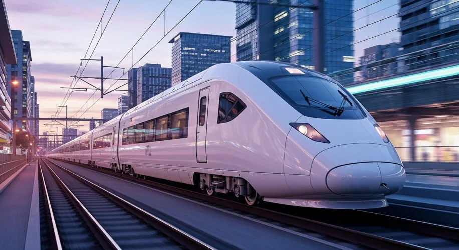 A modern, sleek high-speed train speeding through a contemporary cityscape, symbolizing the advanced
