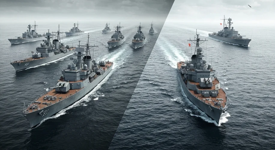 A split image: one side shows US naval ships enforcing a blockade around Cuba, the other shows Sovie