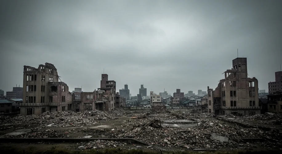 A desolate, smoky cityscape of Nagasaki after the atomic bombing, showing destroyed buildings and ru