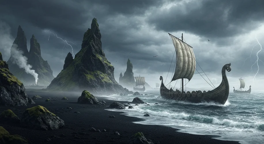 A dramatic scene of Norse longships arriving at a rugged, volcanic coastline under a stormy sky, wit