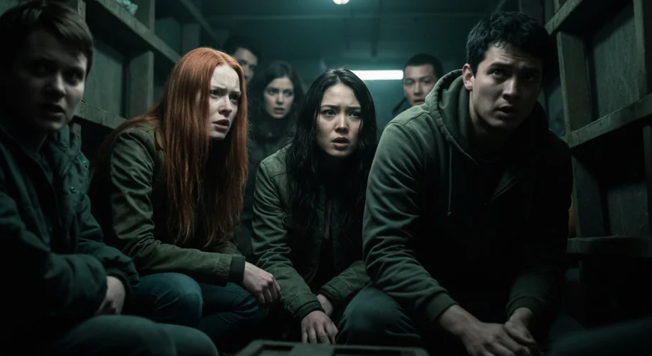 A formation of P-51 Mustang fighter planes with red tails flying in a clear blue sky during World Wa