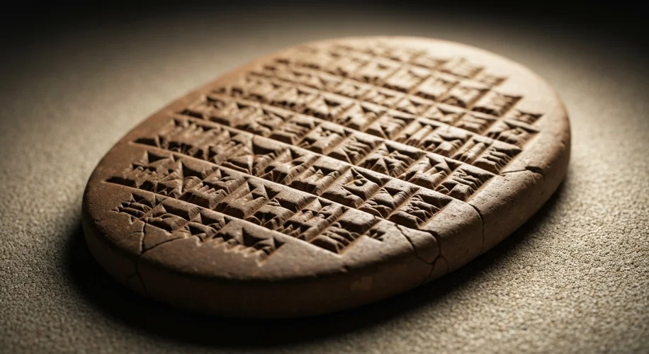 A close-up of a Sumerian clay tablet with cuneiform script, showing wedge-shaped impressions. The ta