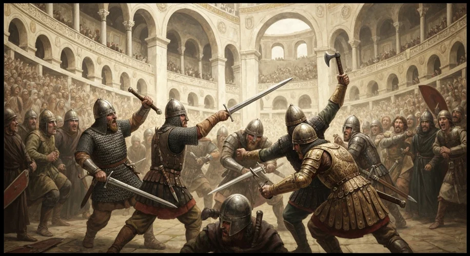 A chaotic scene in the Hippodrome of Constantinople. Norse warriors in chainmail and conical helmets