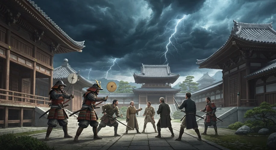 A dramatic scene of Japanese samurai confronting Christian missionaries and a group of Japanese conv