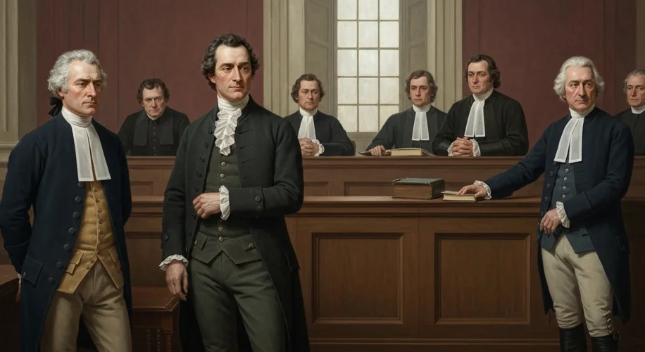 An 18th-century courtroom scene with John Peter Zenger, his lawyer Andrew Hamilton, and stern-faced 