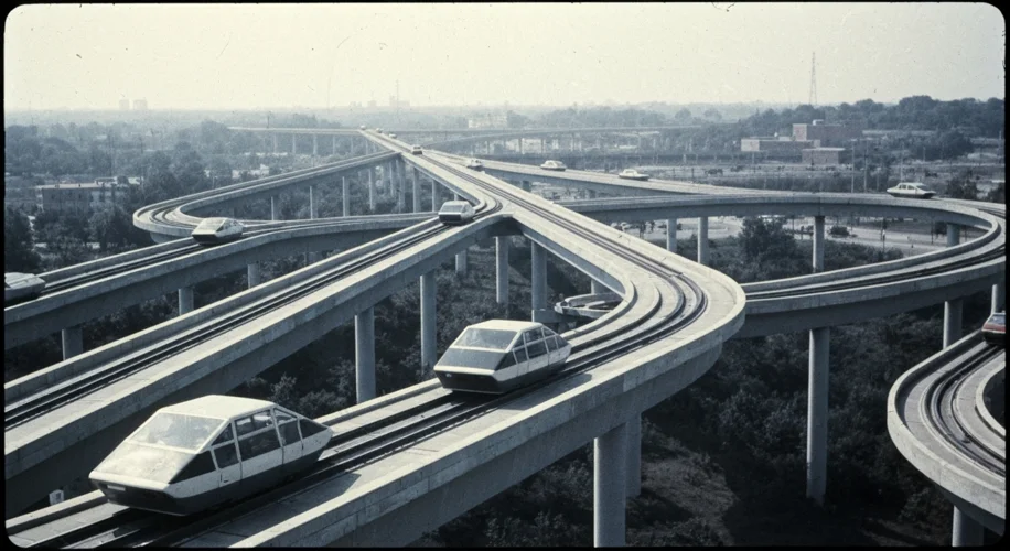 A vintage photograph of the Morgantown Personal Rapid Transit (PRT) system with its distinctive elev