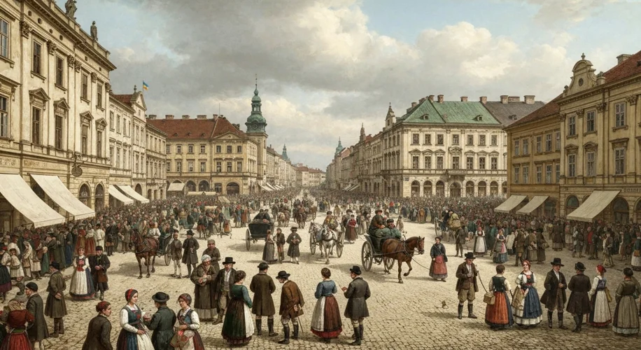 A bustling 19th-century market square in Lviv (Lemberg), Galicia, showcasing a mix of Polish, Ukrain