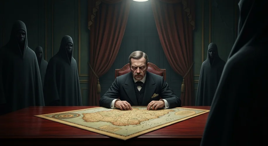 A depiction of King Leopold II of Belgium looking over a map of the Congo, with a grim expression an