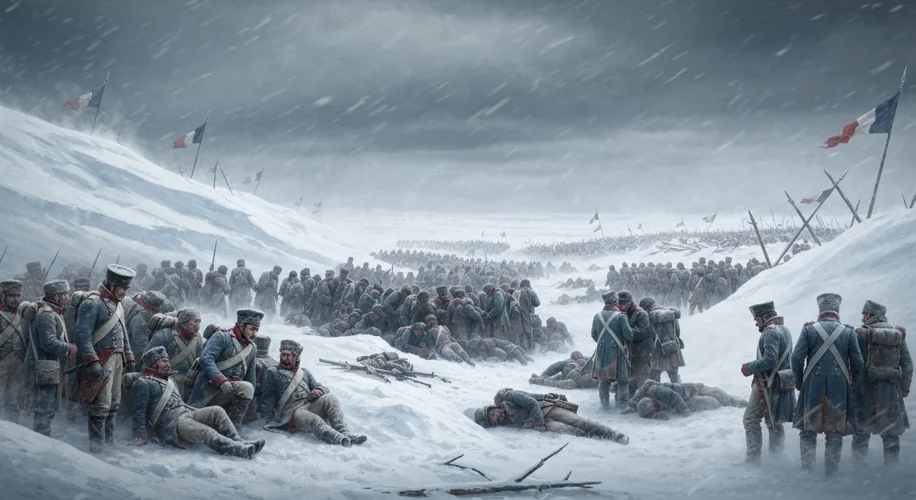 A vast, frozen battlefield in Russia during Napoleon's invasion. Snow blankets the ground, and starv