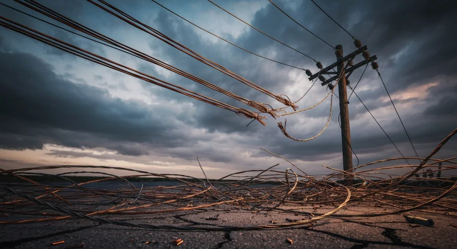 A modern, slightly gritty image showing a close-up of severed copper power lines dangling from a uti