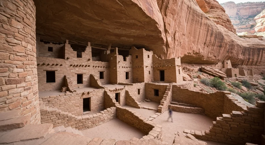 A wide shot of a pueblo cliff dwelling built into a sandstone canyon wall. Small structures with sto